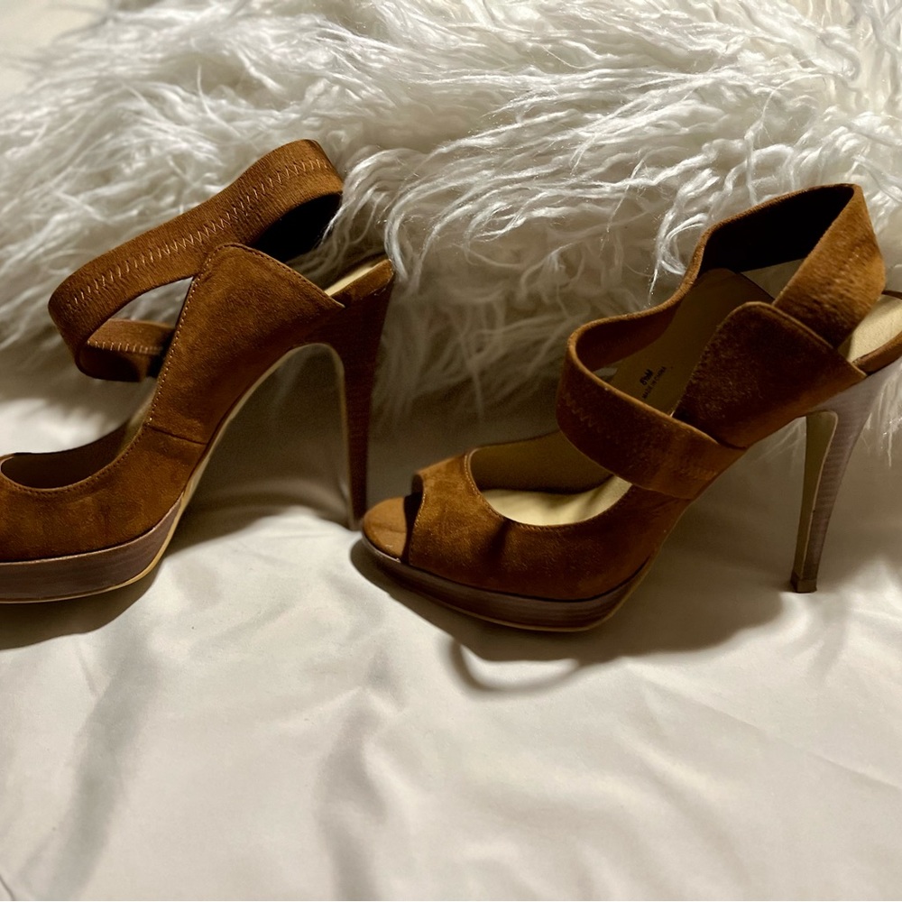 Cognac, suede heels with 4” wooden heel - Picture 5 of 9